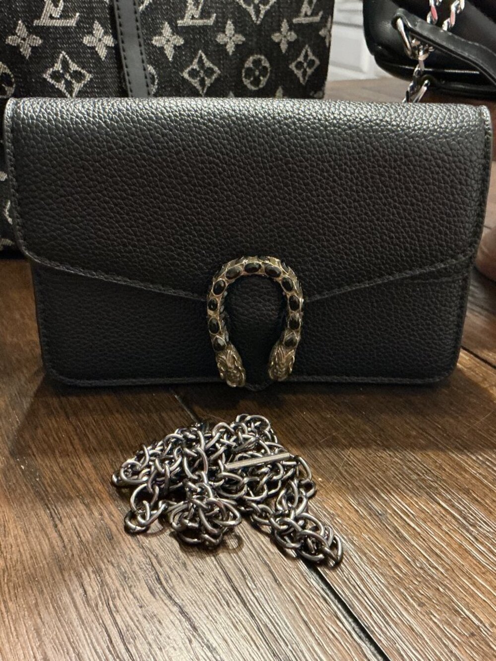 Designer Inspired Black Horseshoe Crossbody Bag | Chain Strap